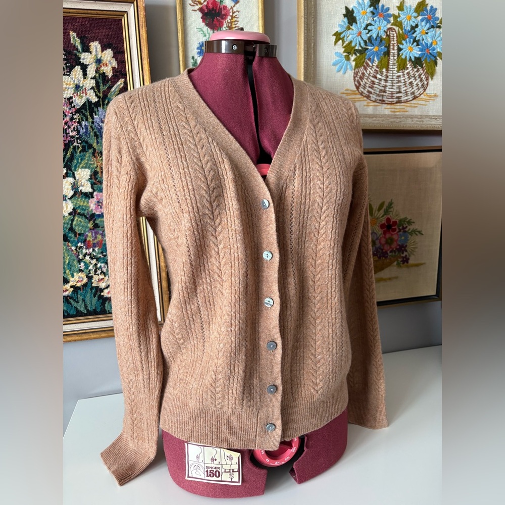 Women's Tan Cardigan Sweater. 100 percent wool.